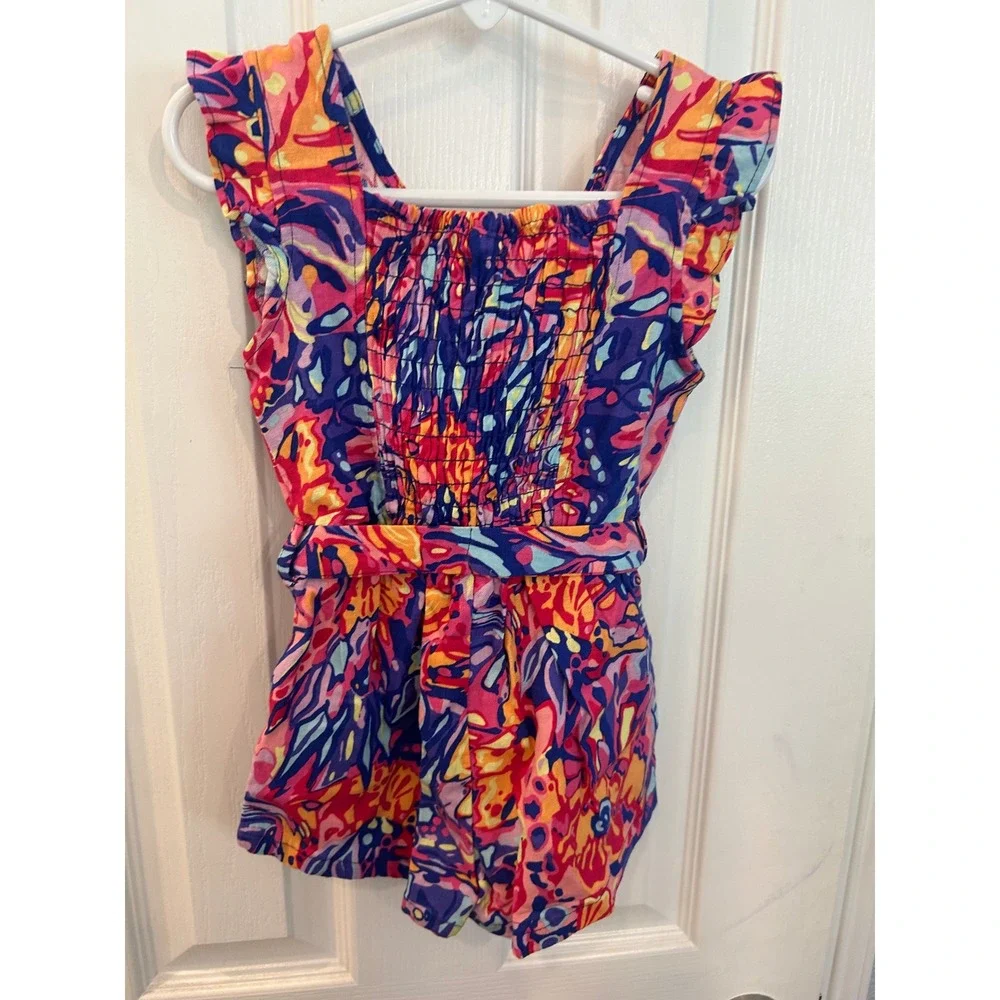 Vince Camuto Romper Multi-Color Abstract Floral Ruffle Smocked Tie Waist Kids 3T